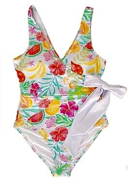Caden Lane One Piece Swimsuit XS Tropical Fruit Floral Lavender Bow UPF 50  NWT
